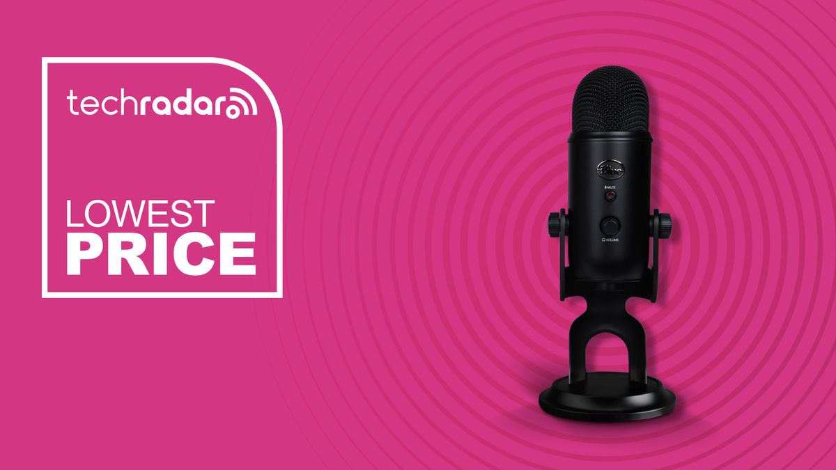 Logitech Blue Yeti USB Microphone against magenta graphic