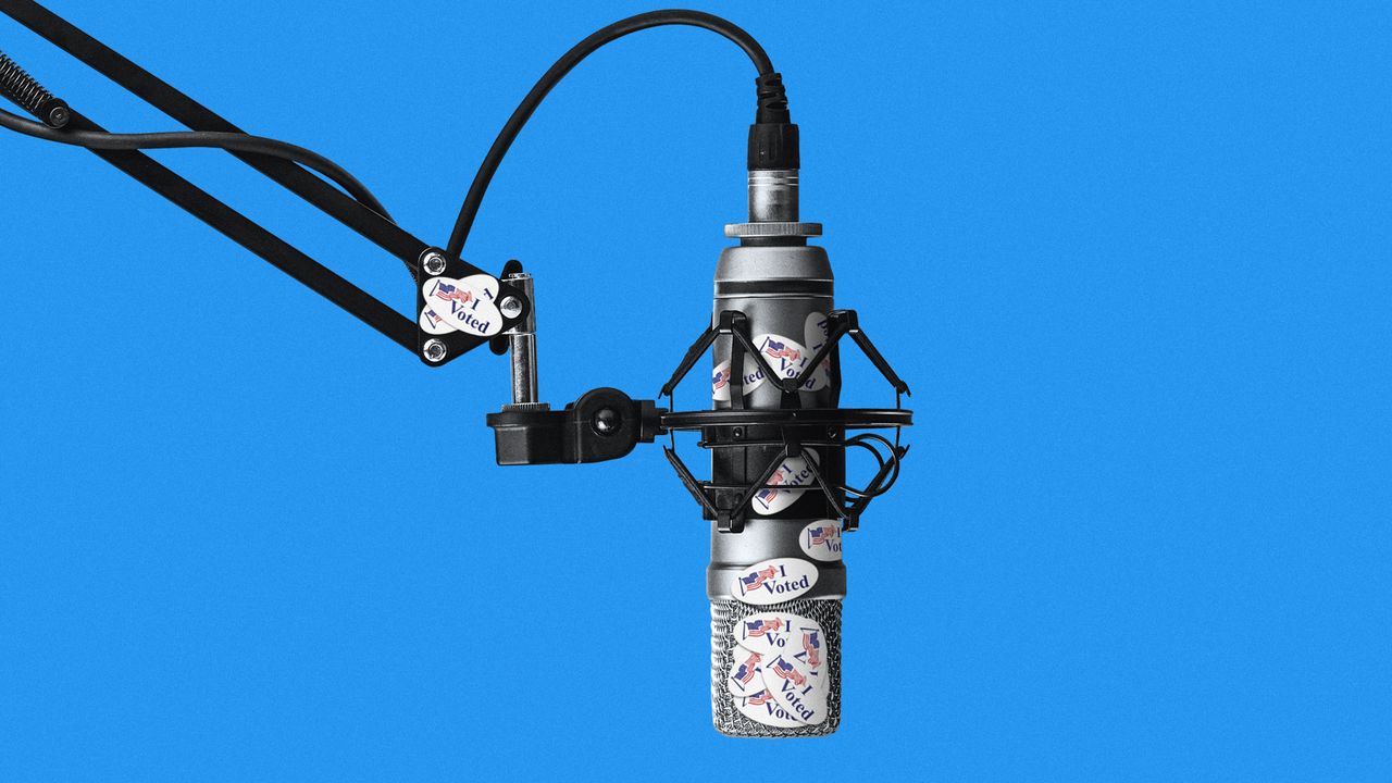 Illustration of a podcast microphone covered in &#039;I Voted&#039; stickers