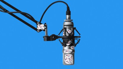 Illustration of a podcast microphone covered in &#039;I Voted&#039; stickers