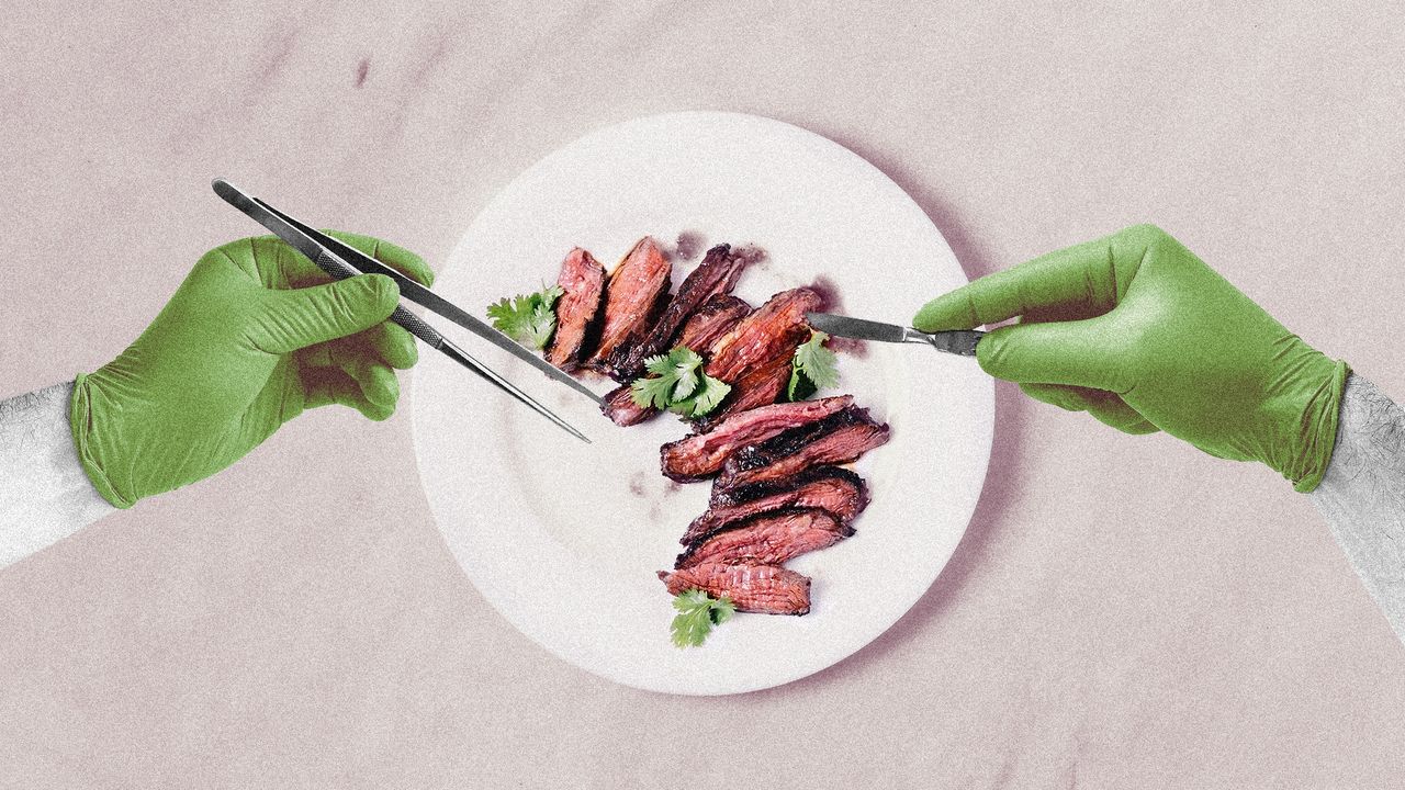 Photo collage of a steak on a plate. There are gloved hands reaching in to cut it with a scalpel and surgical tweezers, as if they&#039;re cutlery.