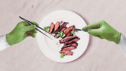 Photo collage of a steak on a plate. There are gloved hands reaching in to cut it with a scalpel and surgical tweezers, as if they're cutlery.