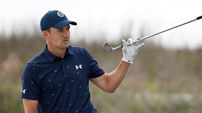 Jordan Spieth reacts following bunker shot