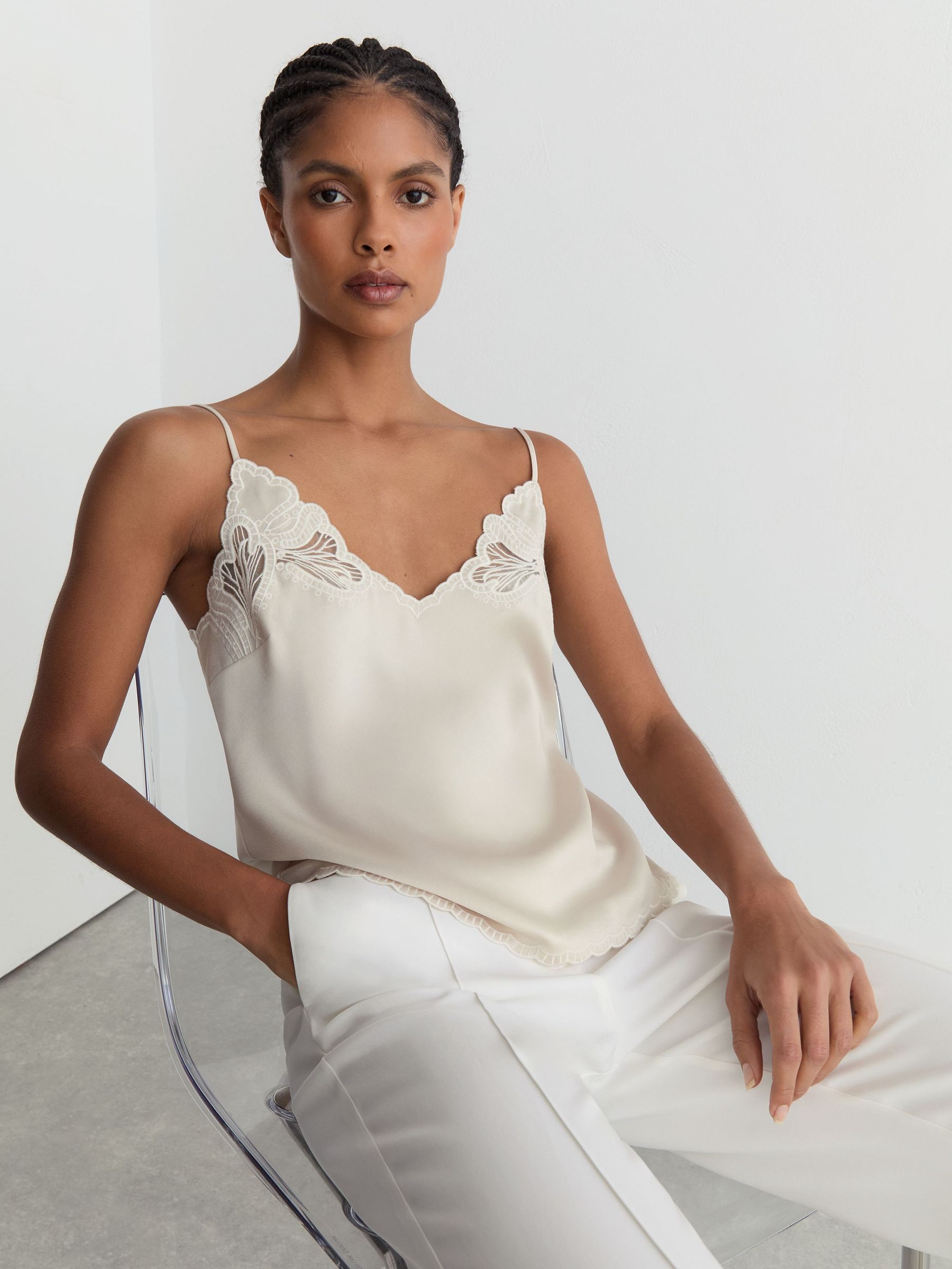 Satin Lace-Detail Cami Top in Neutral - Size 4