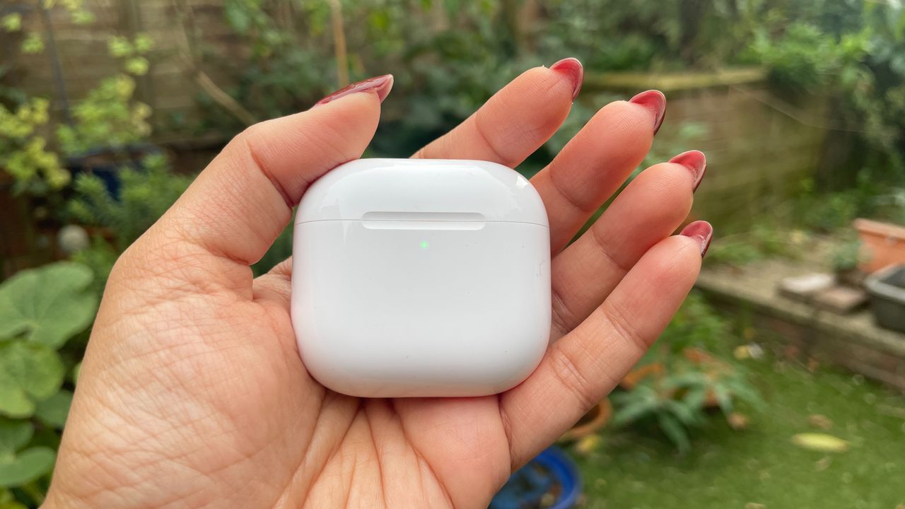 The Apple AirPods 4 with ANC case, closed, held in an open hand in a garden. These are our choice for best mid-range AirPods.