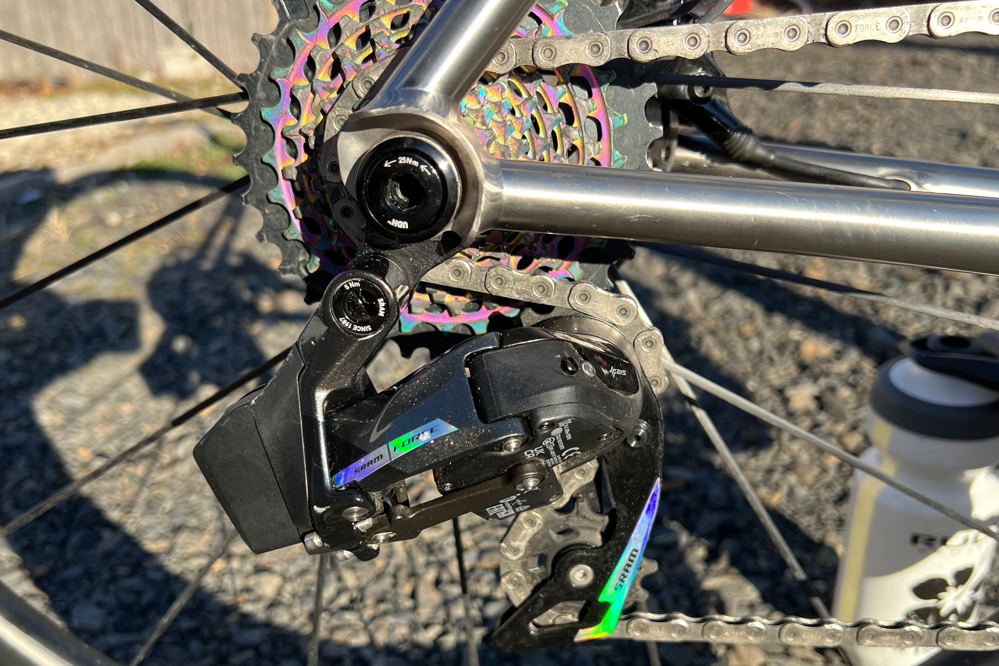 Blackheart Bike Co's Road Ti reviewed: The rainbow finish on the SRAM drivetrain was almost bling enough to distract from the minimal, clean welds at the rear dropouts.