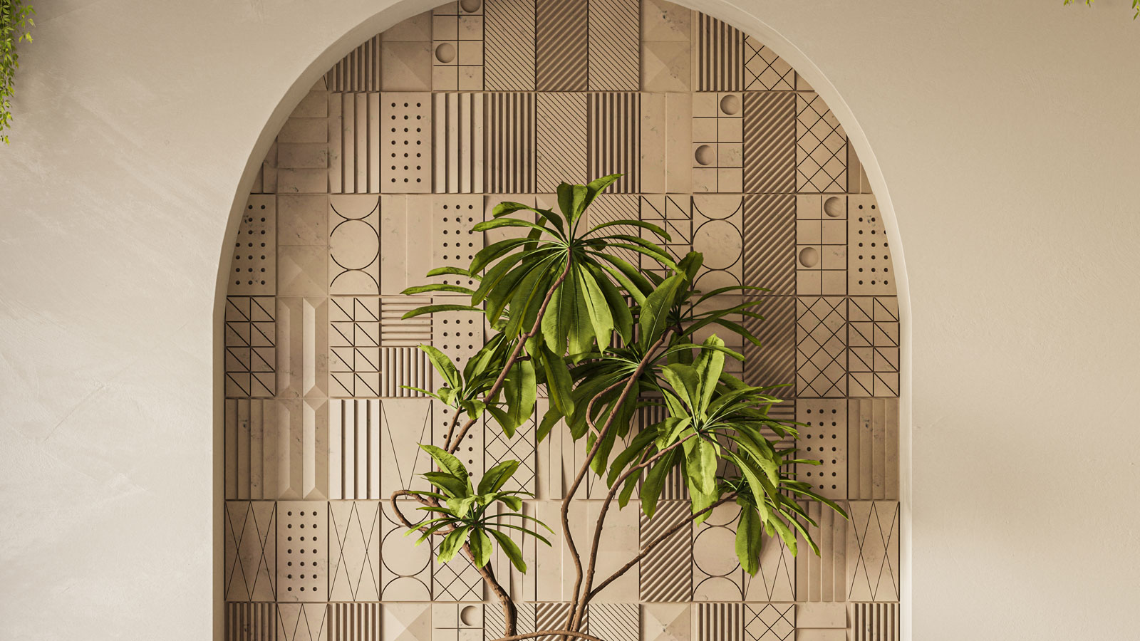 Large arch with brown patterned wallpaper in recess, beige walls and plant in front of alcove