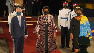 Prince Charles Prince of Wales is joined by President of Barbados Sandra Mason, and Prime Minister of Barbados Mia Mottley