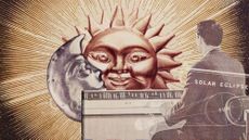Photo collage of a man sitting at a vintage computer console, observing an eclipse portrayed by two sculptures of the sun and the moon. The sun and moon are sculpted to look like they have human faces