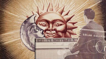 Photo collage of a man sitting at a vintage computer console, observing an eclipse portrayed by two sculptures of the sun and the moon. The sun and moon are sculpted to look like they have human faces