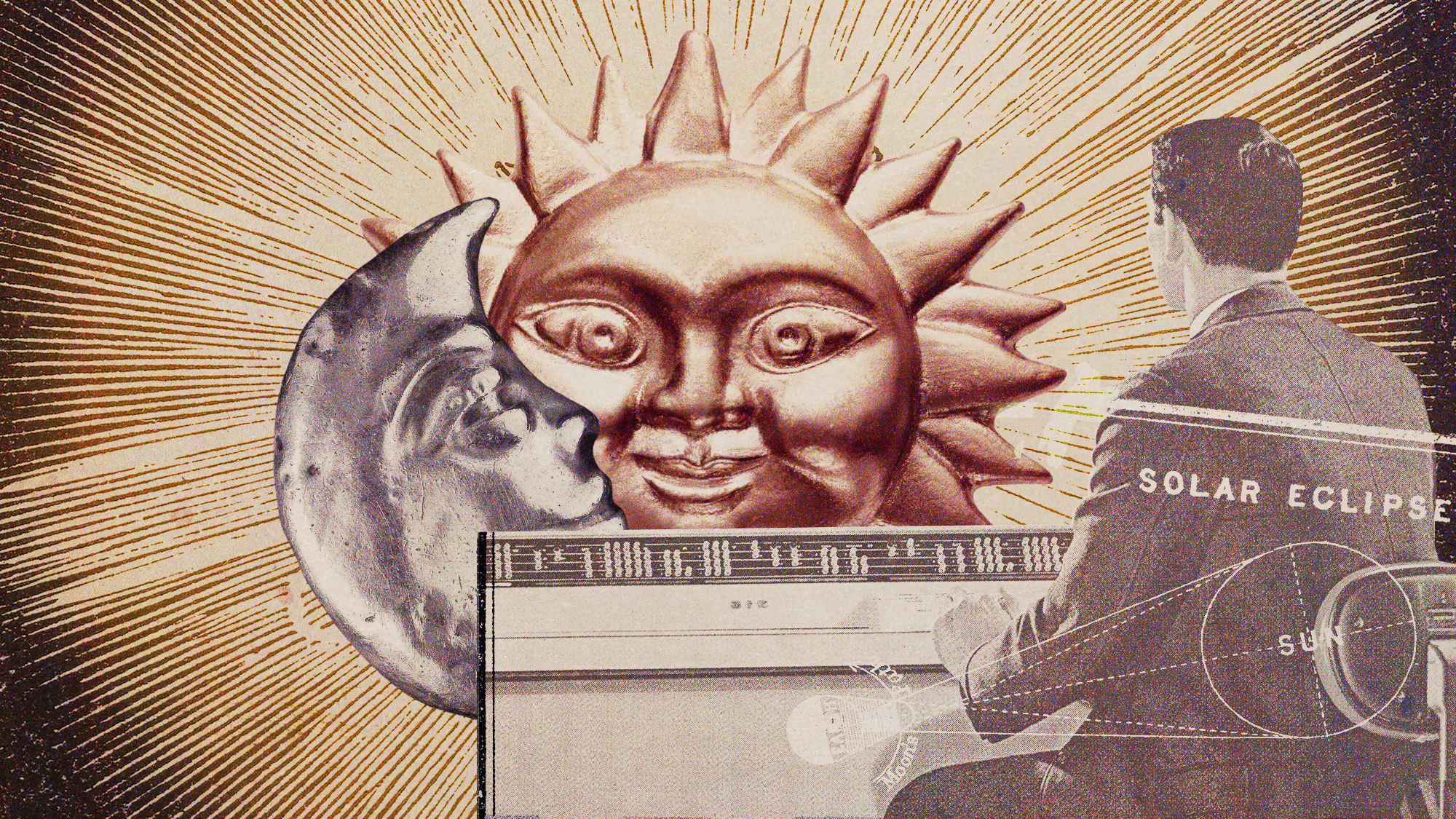 Photo collage of a man sitting at a vintage computer console, observing an eclipse portrayed by two sculptures of the sun and the moon. The sun and moon are sculpted to look like they have human faces