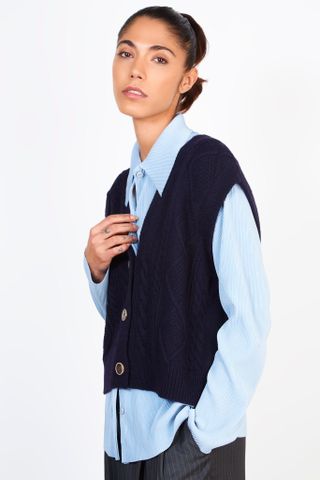 Navy Cableknit Button Up Sweater Vest