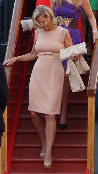Sophie, Countess of Wessex leaves the pre wedding party hosted by Zara Phillips and Mike Tindall
