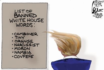 Political cartoon U.S. CDC banned words Trump covfefe