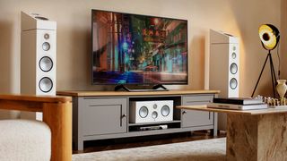 Monitor Audio Silver surround speaker system in living room setting with TV