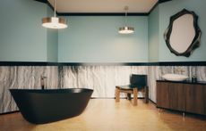 ‘Theano’ bath, from £3,700; ‘Vea’ freestanding bath mixer, from £470, both by Christian Haas, for Villeroy & Boch. ‘Cinq’ pendants, from $4,300, by Atelier de Troupe. ‘Monk’ armchair, from £3,670, by Tobia Scarpa, for Molteni & C. ‘Spire’ washbasin, from €804, by Elena Salmistraro, for Ceramica Flaminia. ‘Faro’ washbasin mixer, from €445, by Cristina Rubinetterie. ‘Awakening 02’ mirror, $24,850, by Sebastien Durelli, from Studiotwentyseven. Wood pot, €815, by Lorenzi Milano. Scalea Negro Absoluto surface (on vanity unit), price on request, by Cosentino. Silver Stream Stratos marble (on walls), price on request, by Antolini. Giallo Silvia Oro marble (on floor), price on request, by Margraf