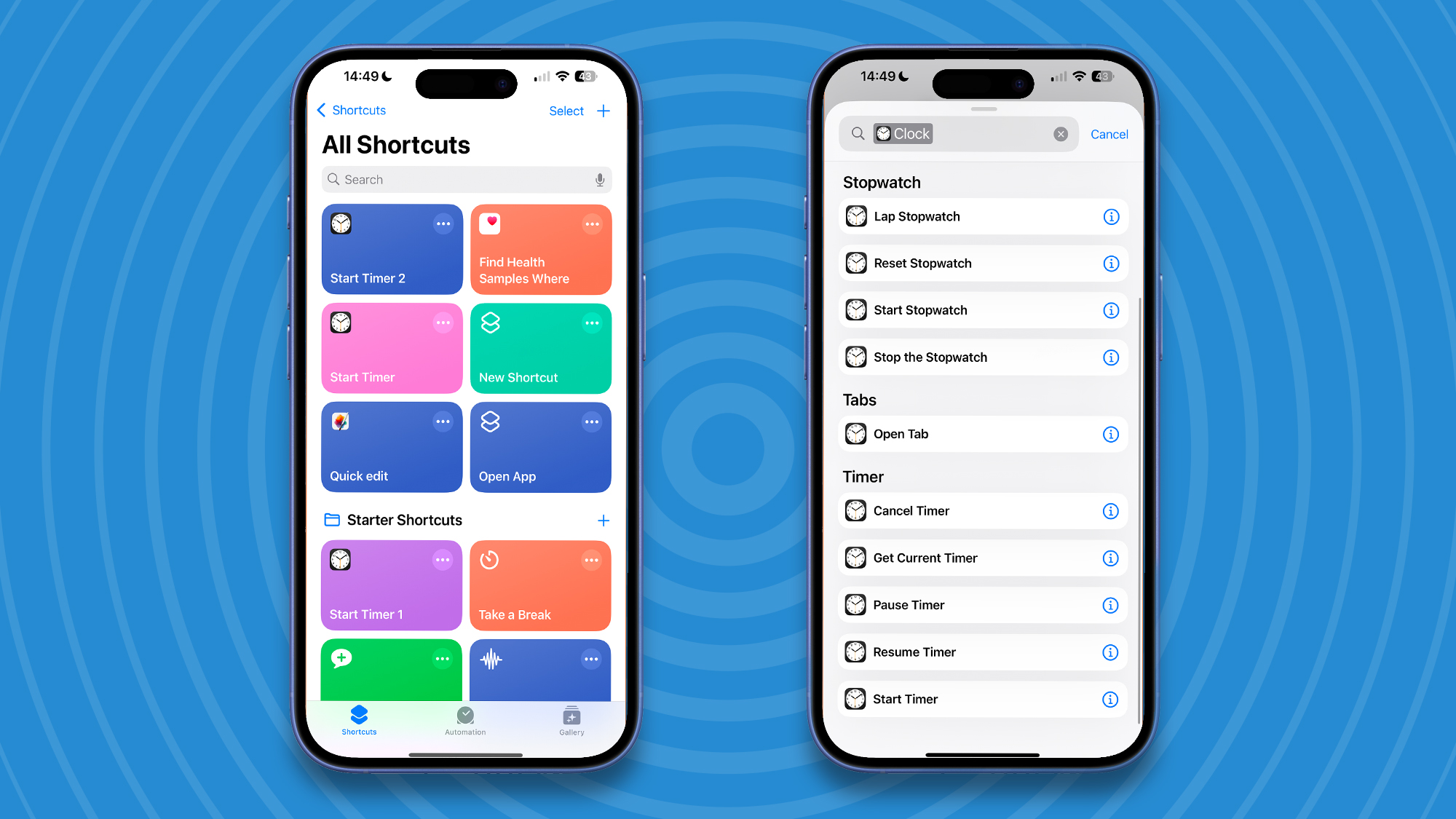 Open the Shortcuts app on your iPhone and Press the + button in the top right-hand corner. Scroll down to Clock or simply type 