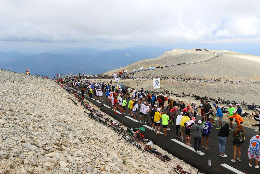 MALAUCENE FRANCE JULY 07 Sergio Higuita of Colombia Ruben Guerreiro of Portugal and Team EF Education Nippo during the 108th Tour de France 2021 Stage 11 a 1989km km stage from Sorgues to Malaucne Mont Ventoux 1910m Public Fans Landscape LeTour TDF2021 on July 07 2021 in Malaucene France Photo by Tim de WaeleGetty Images