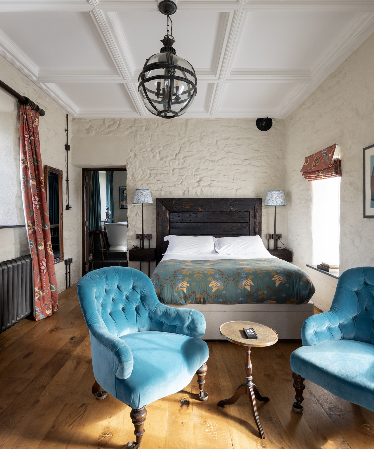 bedroom with coffered cieling