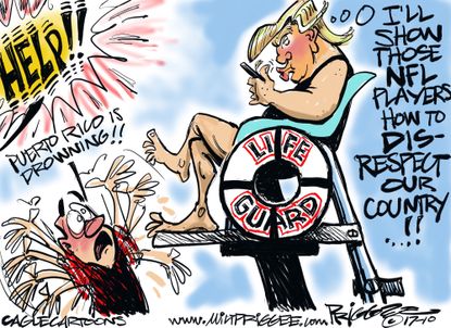 Political cartoon U.S. Trump tweets Puerto Rico hurricane NFL kneeling