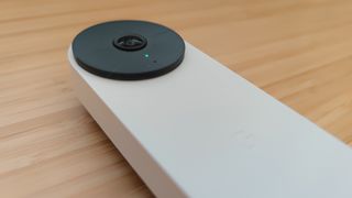 A close up of the camera len on the Google Nest Doorbell (battery)