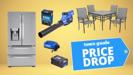 Compilation showing an LG refrigerator, Kobalt leaf blower, Nuu Garden patio dining set