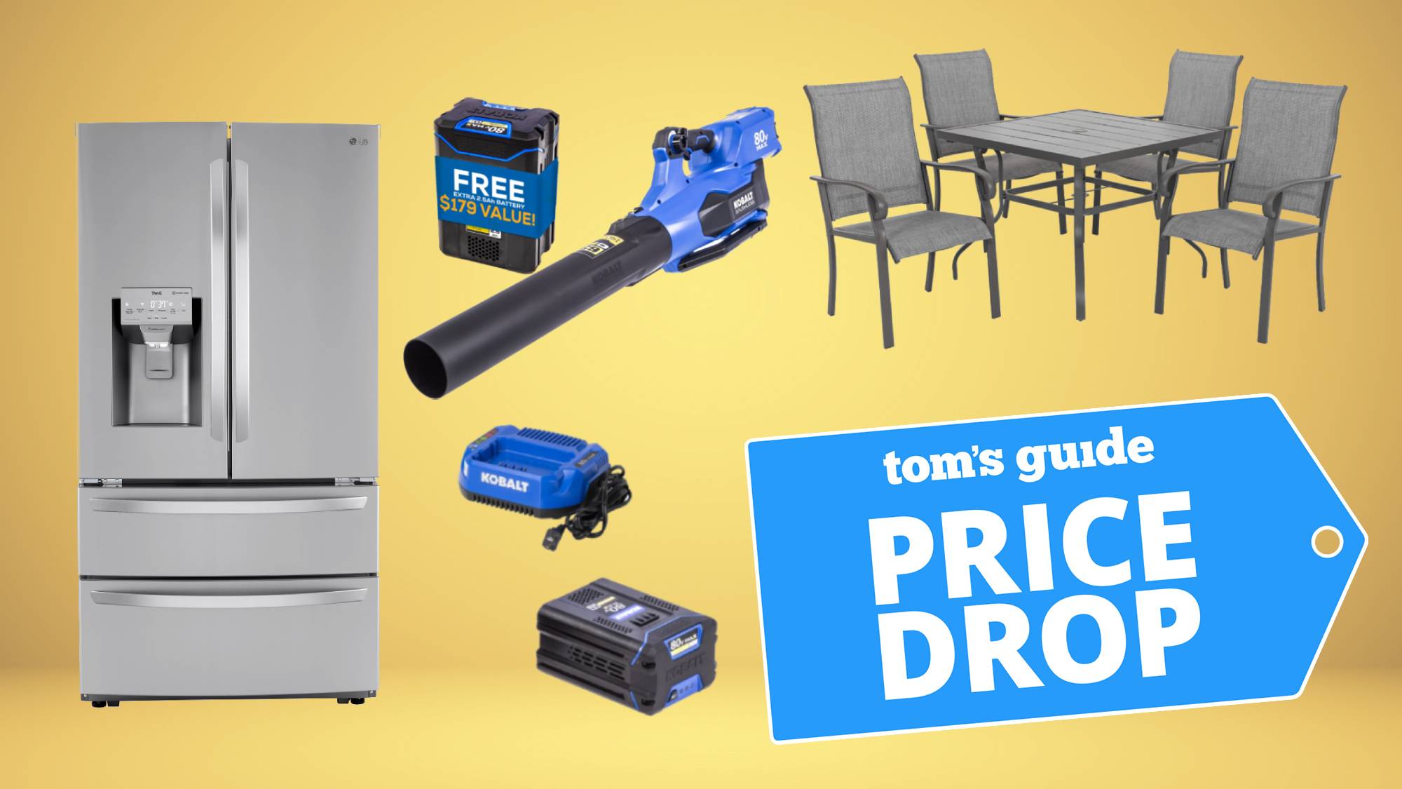 Compilation showing an LG refrigerator, Kobalt leaf blower, Nuu Garden patio dining set