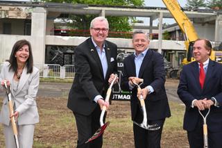 New Jersey First Lady Tammy Murphy, New Jersey Governor Phil Murphy, Netflix co-CEO Ted Sarandos, and New Jersey Speaker Craig Coughlin at the groundbreaking ceremony for Netflix Studios Fort Monmouth.