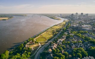aerial of banks of mississipi with tom lee park