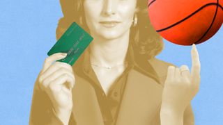 illustration of a woman with a basketball on one finger and a credit card in the other hand