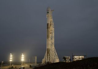 A SpaceX Falcon 9 rocket carrying NASA's GRACE Follow-On Earth satellites and five Iridium Next communications satellites stands atop Space Launch Complex 4E at Vandenberg Air Force Base in California on May 21, 2018. Liftoff is scheduled for May 22.