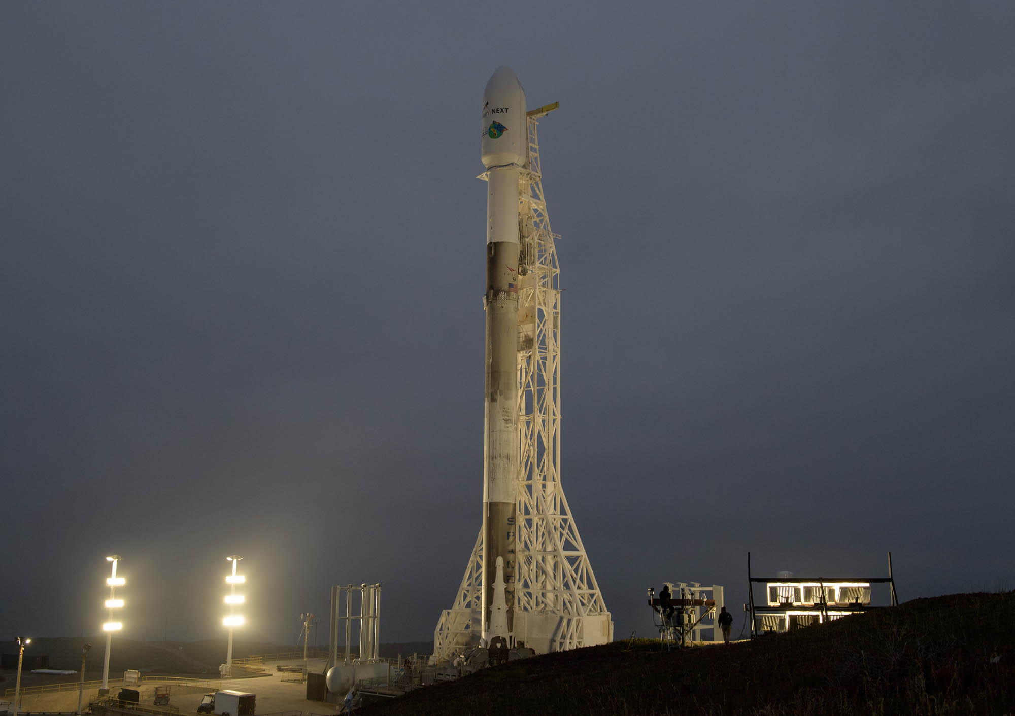 A SpaceX Falcon 9 rocket carrying NASA&#039;s GRACE Follow-On Earth satellites and five Iridium Next communications satellites stands atop Space Launch Complex 4E at Vandenberg Air Force Base in California on May 21, 2018. Liftoff is scheduled for May 22.