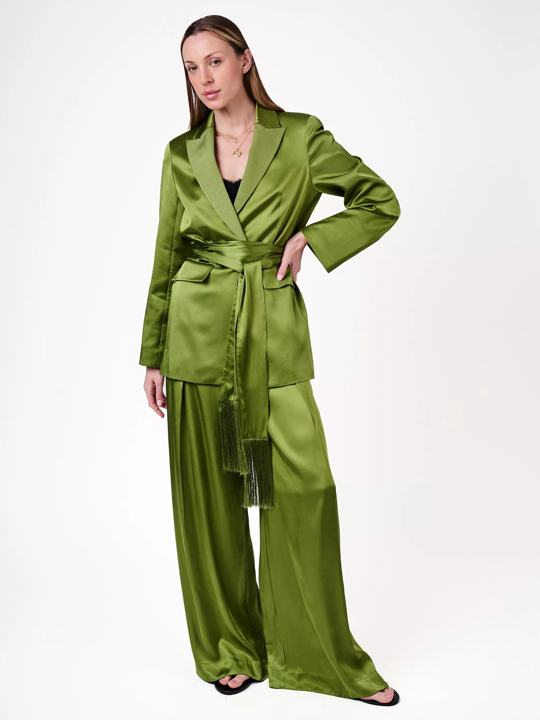 Amanda Wakeley Olivia Satin Suit Jacket, Green