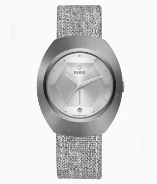 silver Rado DiaStar watch with textured grey strap