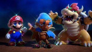 Mario, Geno et Bowser se préparent à déclencher un puissant triple mouvement dans Super Mario RPG.