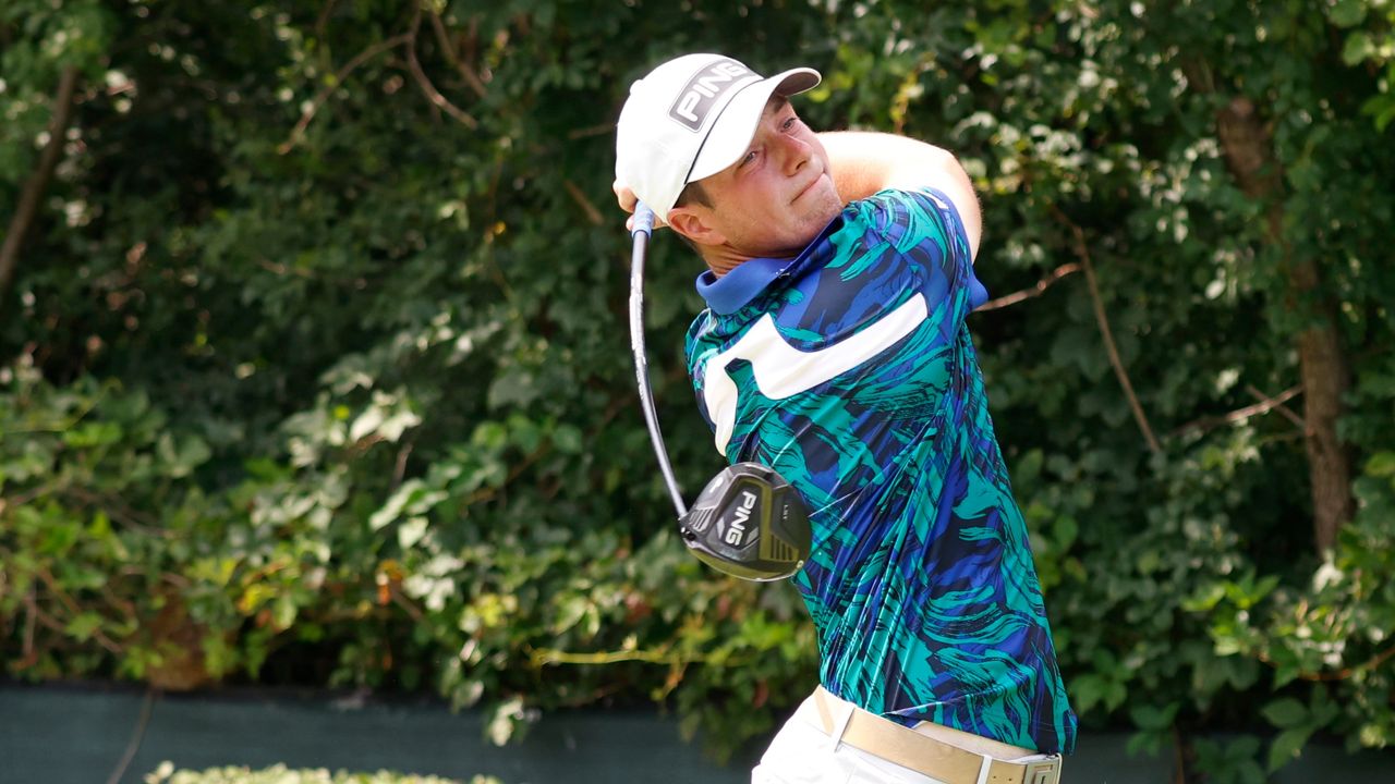 Viktor Hovland plays his tee shot on the second hole during the final round of the BMW Championship.