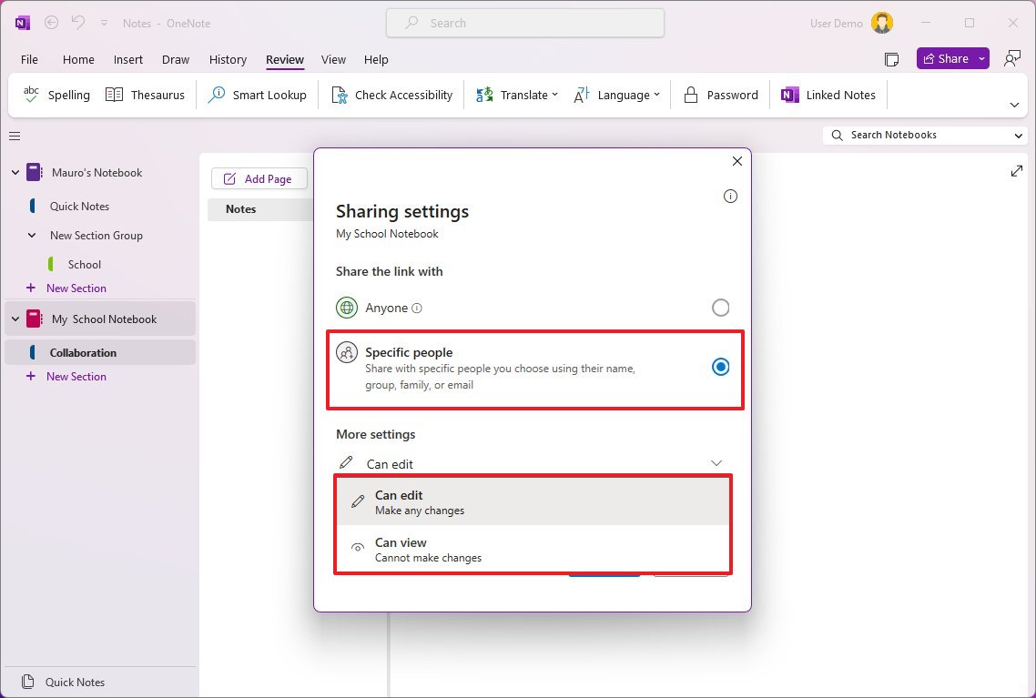 Параметры общего доступа OneNote