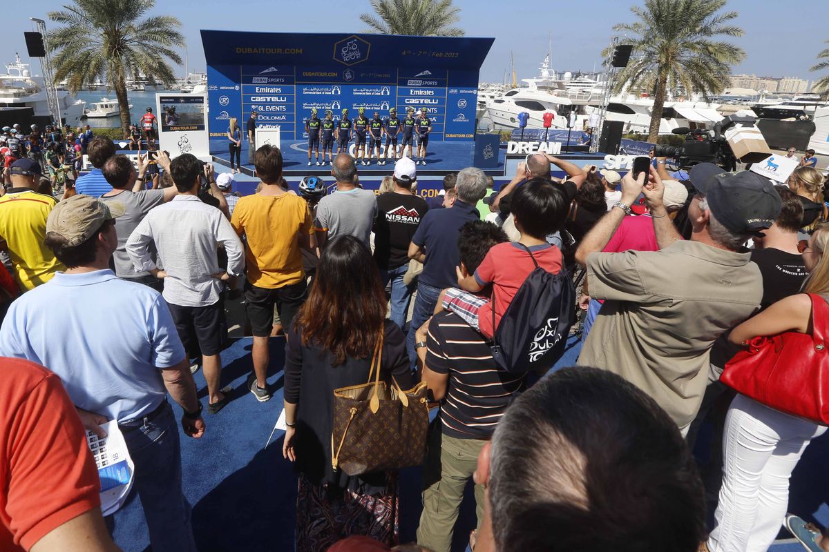 Movistar sign on for the final day of the Dubai Tour.