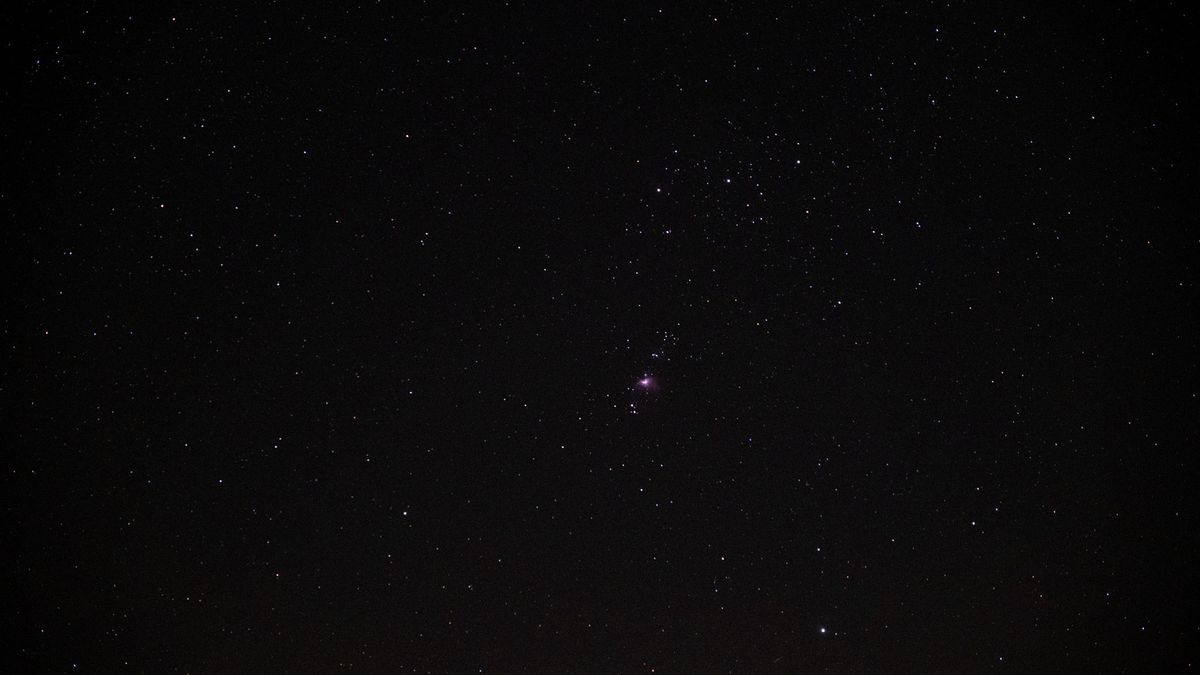 獵戶座腰帶和獵戶座星雲在夜空中可見。