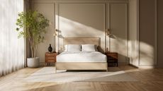Saatva Regis bedframe in a neutral bedroom with panelled walls, wooden flooring, dark wood matching nightstands, a large tree and sheer white curtains.