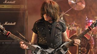 Michael Angelo Batio plays his duel headed Dean guitar on stage at the Dean DOA event at the Albany Theatre, August 11, 2009, Deptford.