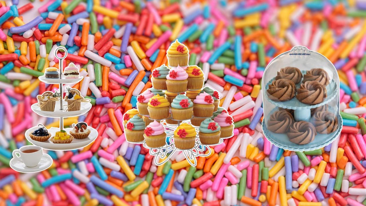 Three cupcake stands on a background of blurry colorful sprinkles