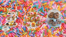Three cupcake stands on a background of blurry colorful sprinkles