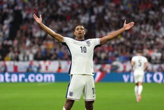 Jude Bellingham celebrates after scoring for England against Serbia at Euro 2024