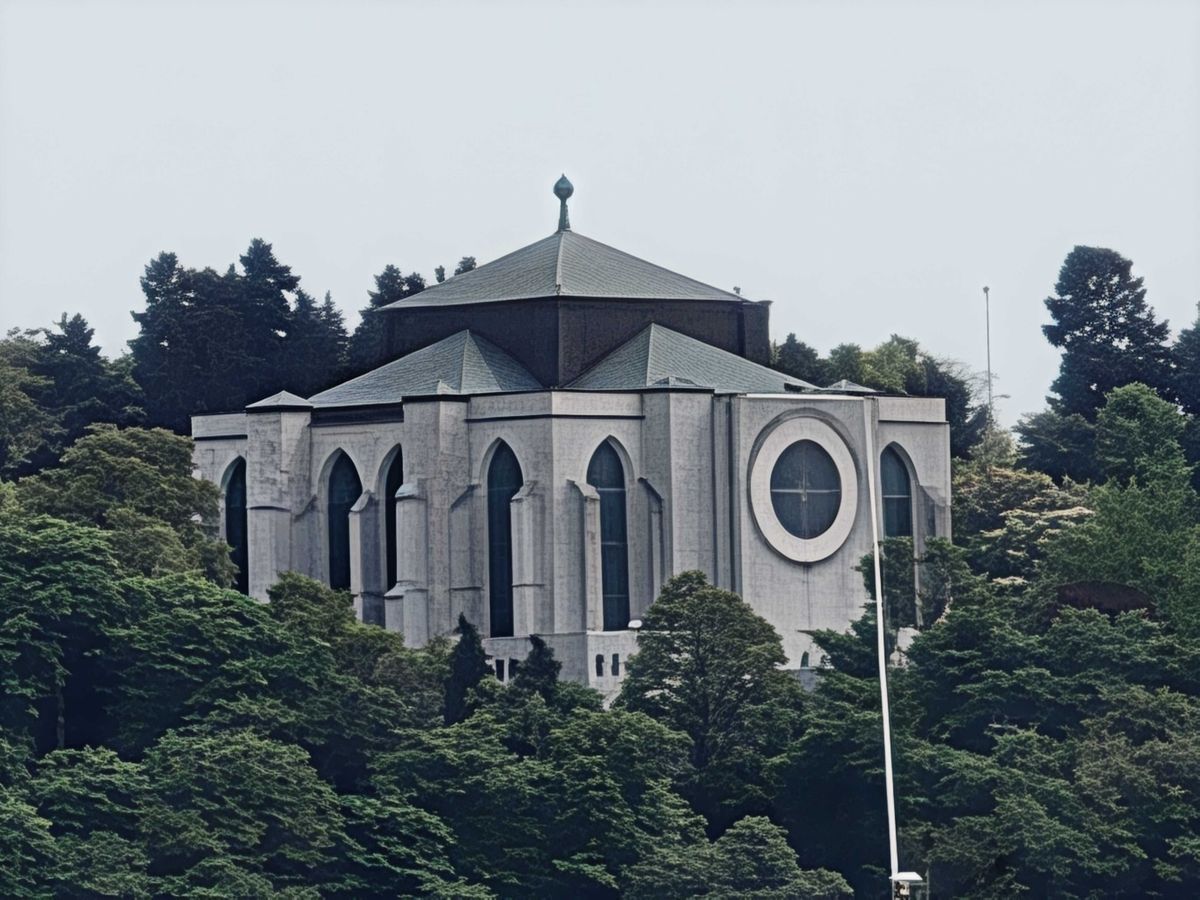 A church surrounded by trees