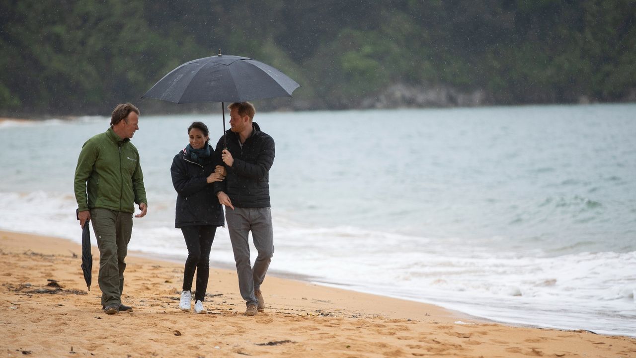 Prince Harry and Meghan Markle walking on the beach