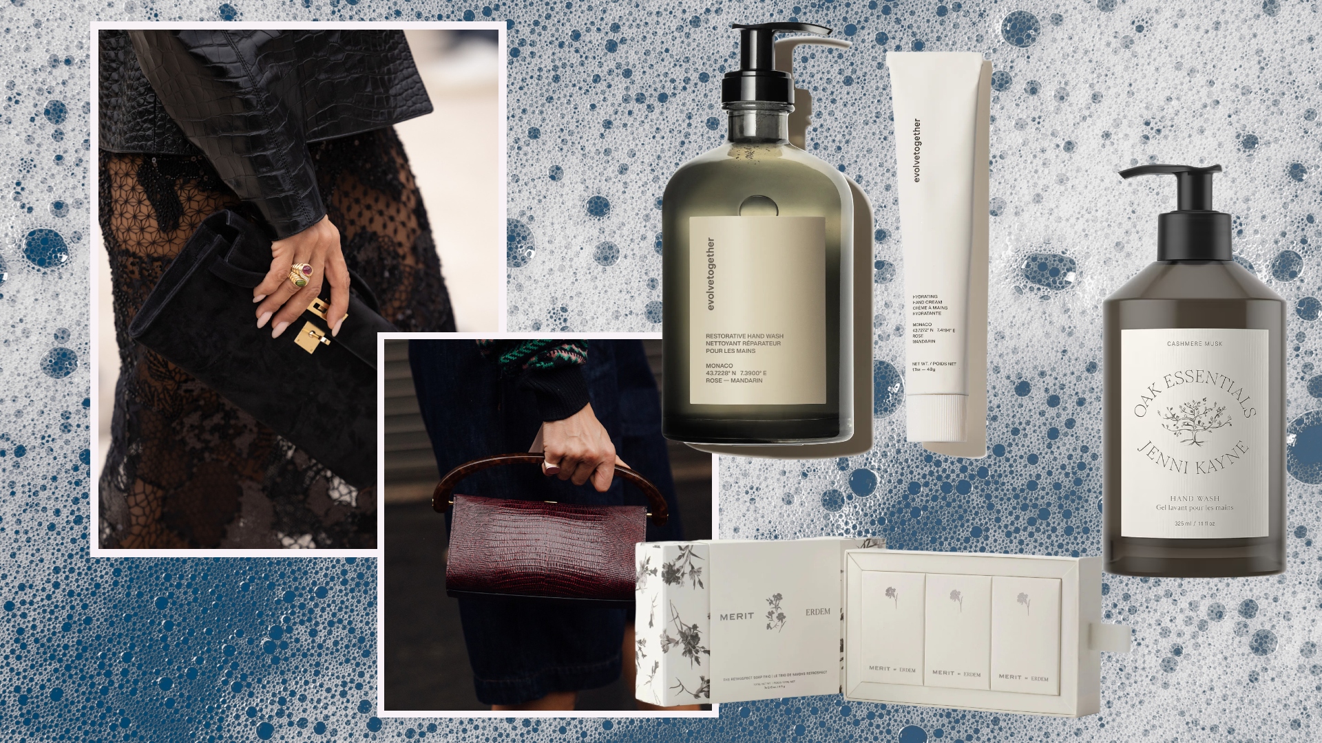 women holding bags with moisurized hands on a soapy background with a collage of hand wash and hand balm gift sets