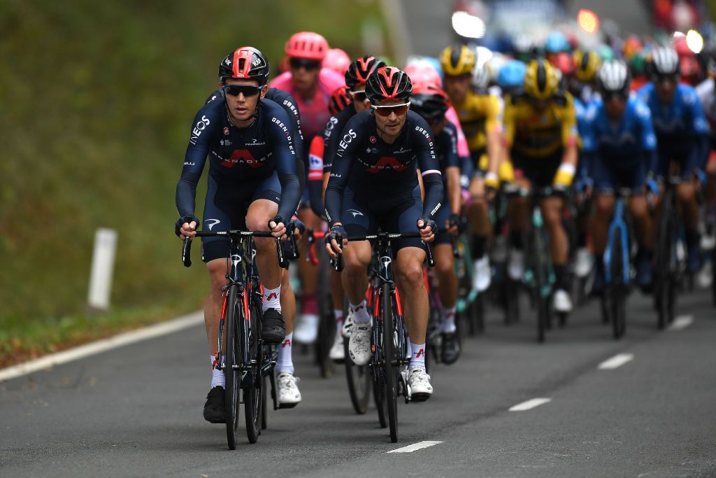 VILLANUEVA DE VALDEGOVIA SPAIN OCTOBER 27 Cameron Wurf of Australia and Team INEOS Grenadiers Michal Golas of Poland and Team INEOS Grenadiers Peloton during the 75th Tour of Spain 2020 Stage 7 a 1597km from VitoriaGasteiz to Villanueva de Valdegovia lavuelta LaVuelta20 La Vuelta on October 27 2020 in Villanueva de Valdegovia Spain Photo by David RamosGetty Images