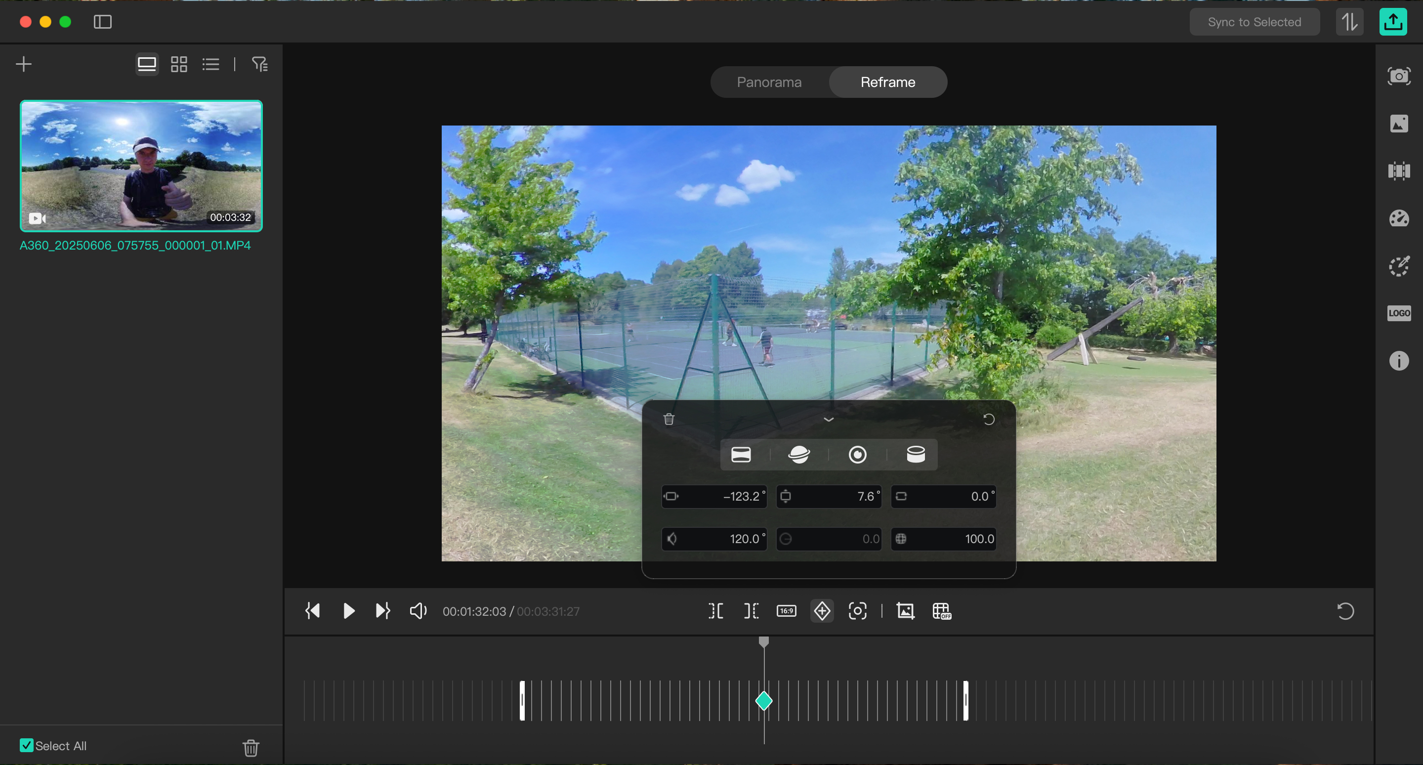 Screenshot of Akaso Studio editing interface being used to edit 360-degree video