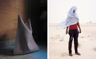 Left: a rug loosely held up by two corners. Right: a man in a desert landscape with a piece of white fabric blowing across his face and chest