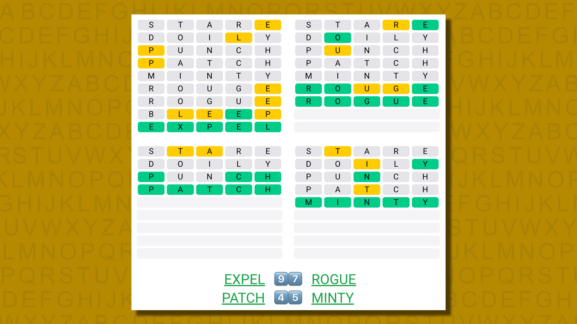 Ответы Quordle для игры 571 на желтом фоне